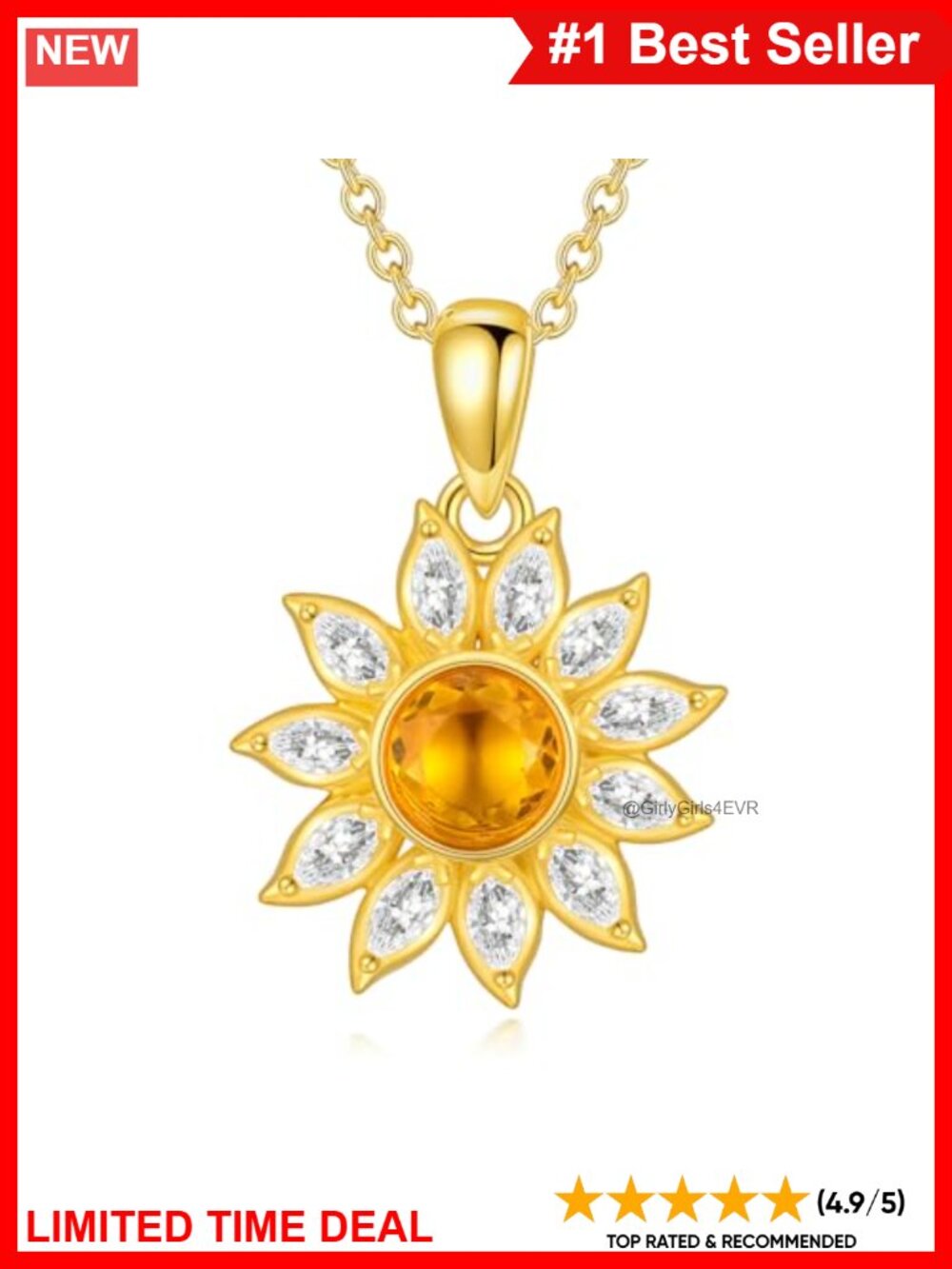 Reaii Natural Citrine Sunflower Pendant Necklace 925 Sterling Silver Gold Plated